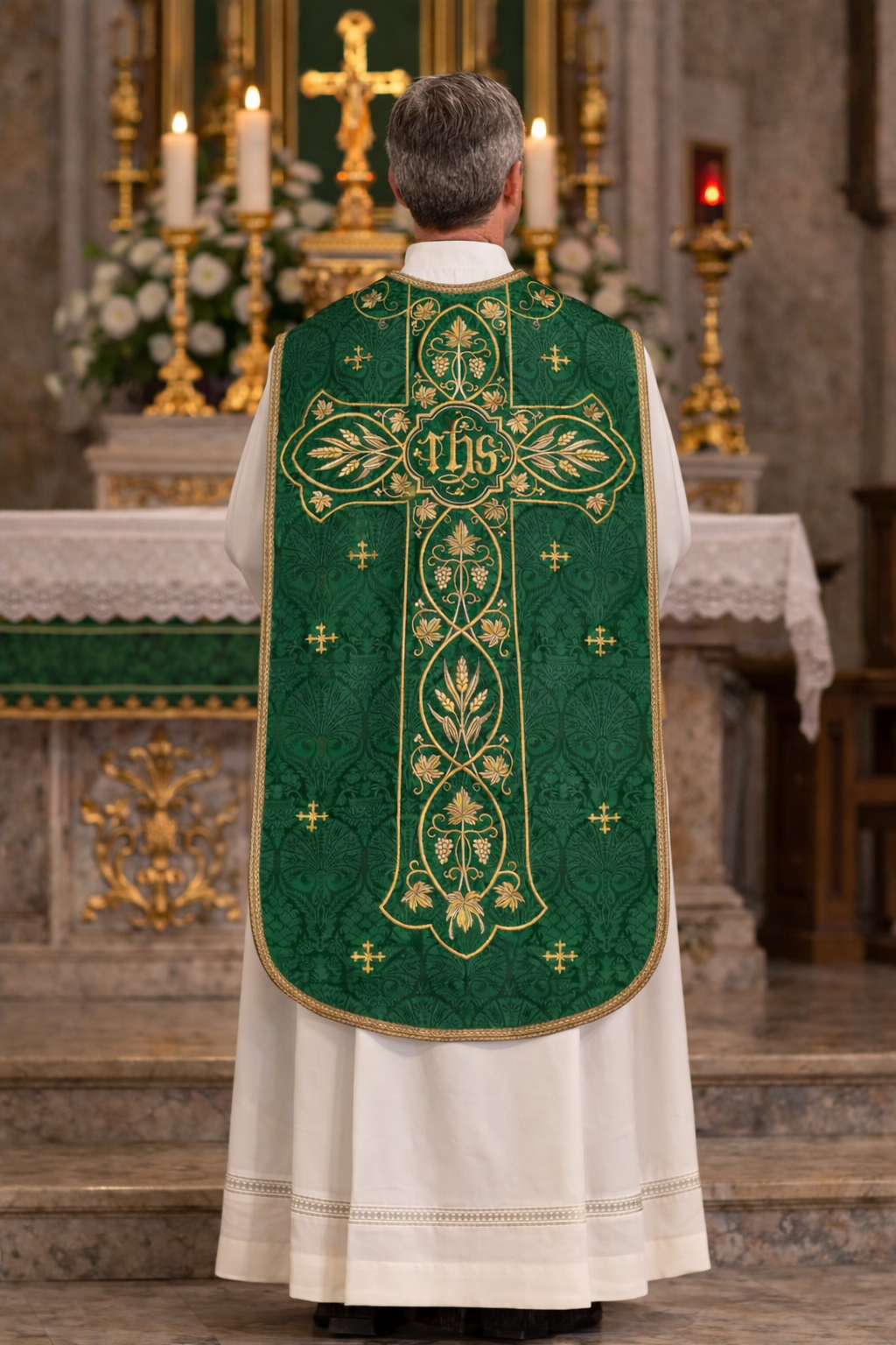 Green fiddleback roman chasuble R-07 with embroidered cross IHS.