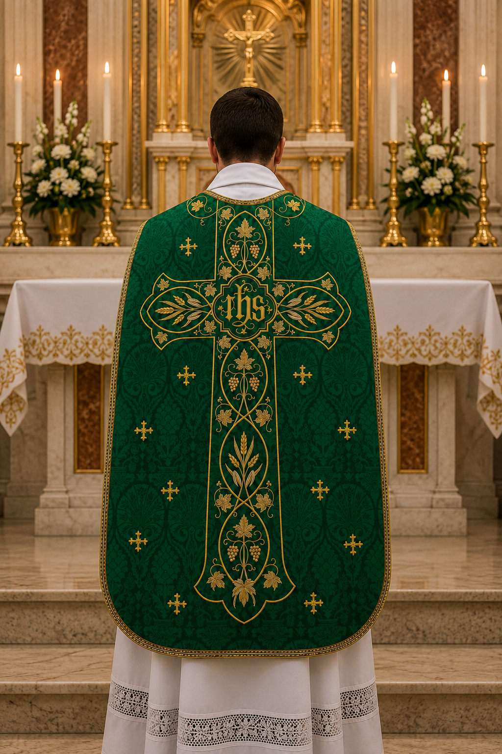 A priest viewed from behind wearing a green and gold liturgical chasuble over a white robe, standing in front of a decorated church altar with candles and floral arrangements.