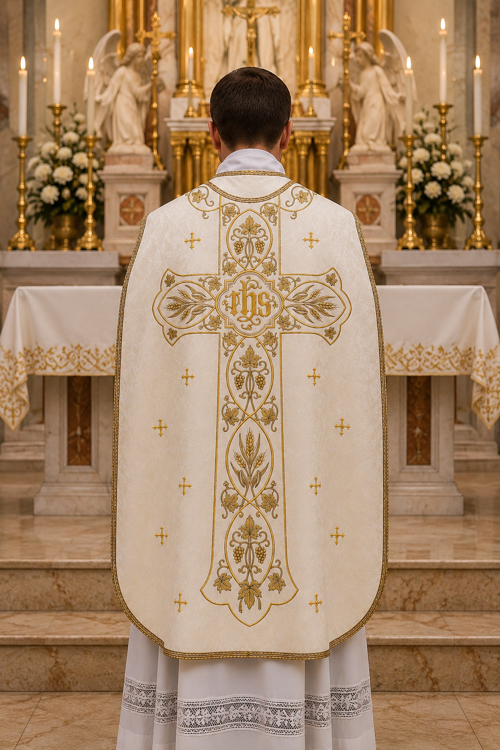 A priest viewed from behind wearing a white and gold liturgical vestment with an ornate embroidered cross and monogram, standing in a decorated church interior with candles and altar in the background.