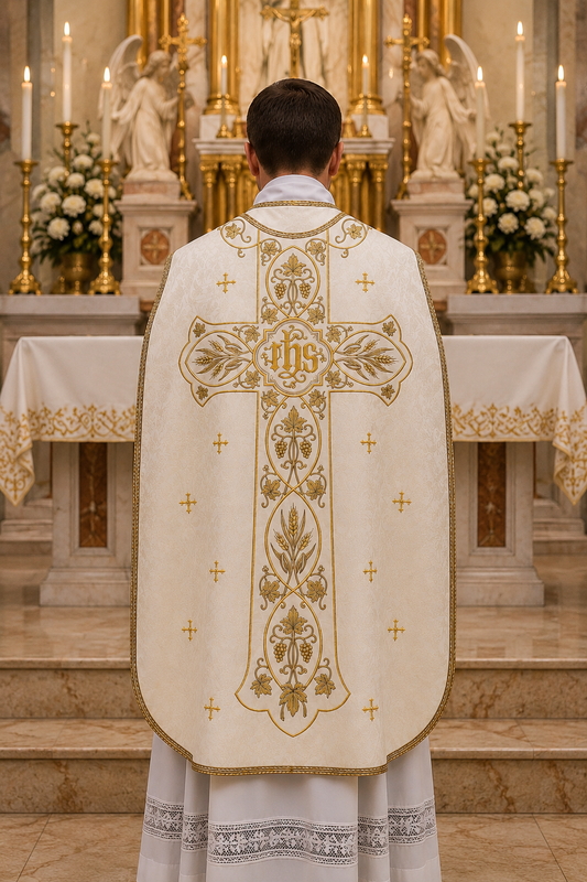 A priest viewed from behind wearing a white and gold liturgical vestment with an ornate embroidered cross and monogram, standing in a decorated church interior with candles and altar in the background.