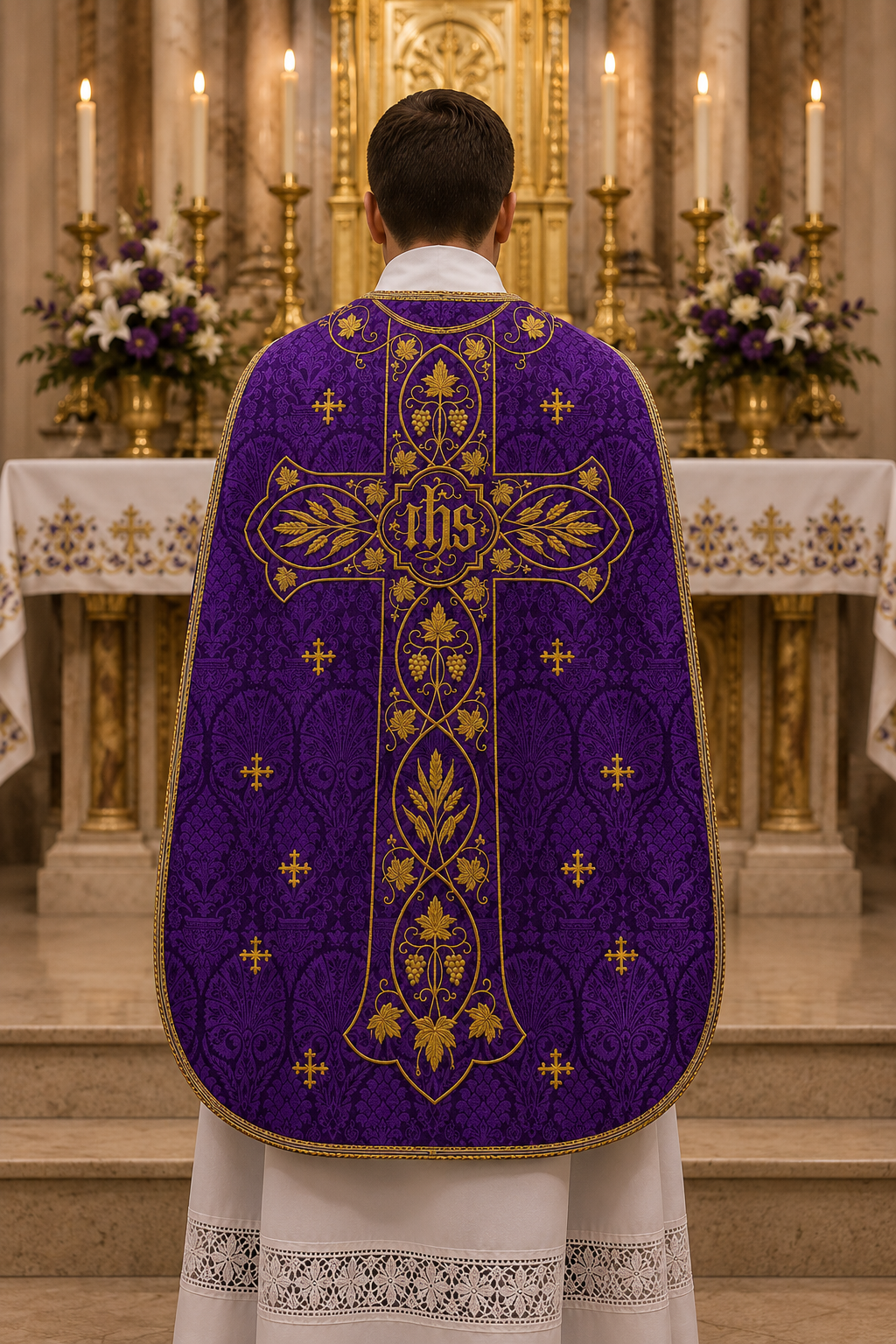 A priest viewed from behind wearing a purple and gold liturgical vestment with an ornate cross and 'IHS' monogram, standing in front of a decorated church altar with candles and flowers.