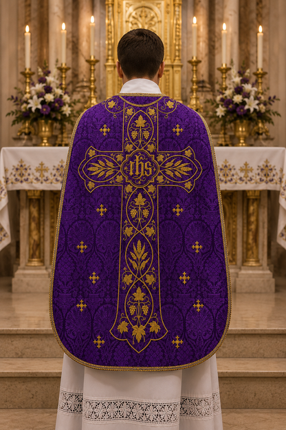 A priest viewed from behind wearing a purple and gold liturgical vestment with an ornate cross and 'IHS' monogram, standing in front of a decorated church altar with candles and flowers.