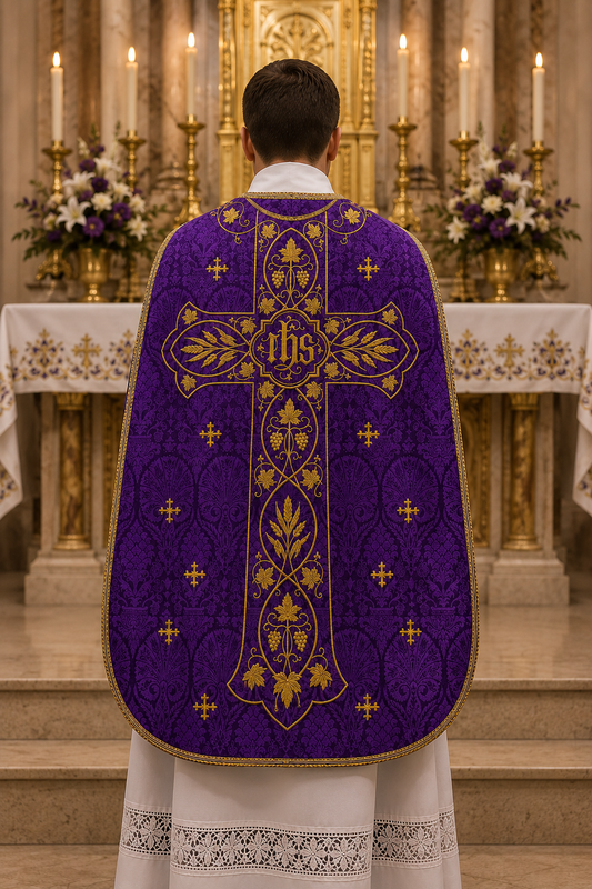 A priest viewed from behind wearing a purple and gold liturgical vestment with an ornate cross and 'IHS' monogram, standing in front of a decorated church altar with candles and flowers.