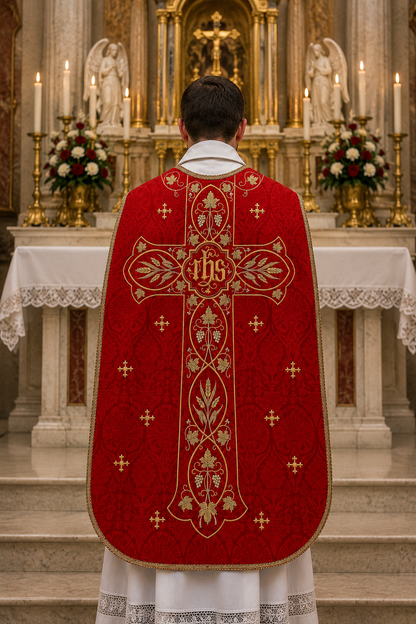 A priest viewed from behind wearing a red and gold liturgical vestment with an ornate cross and monogram, standing in front of a decorated church altar with candles and statues.