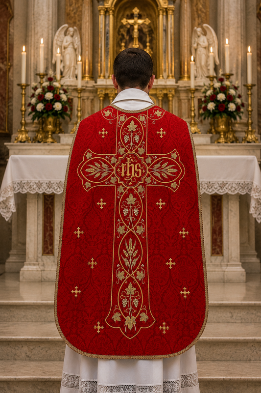 A priest viewed from behind wearing a red and gold liturgical vestment with an ornate cross and monogram, standing in front of a decorated church altar with candles and statues.