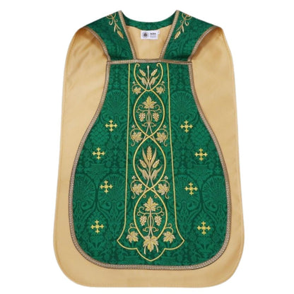 Roman chasuble or fiddleback embroidered with IHS,  Ears of Wheat, and Grapes on high quality damask material.