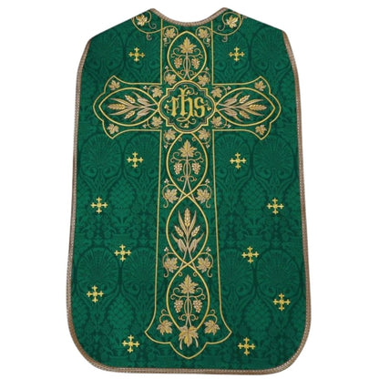 Roman chasuble or fiddleback embroidered with IHS,  Ears of Wheat, and Grapes on high quality damask material.