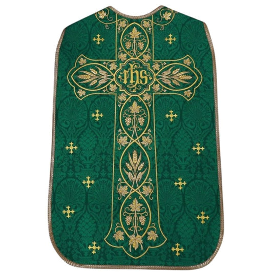 Roman chasuble or fiddleback embroidered with IHS,  Ears of Wheat, and Grapes on high quality damask material.