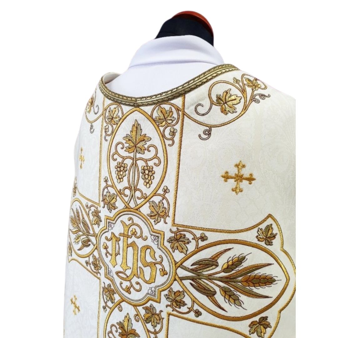 Roman chasuble or fiddleback embroidered with IHS,  Ears of Wheat, and Grapes on high quality damask material.