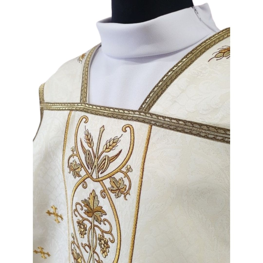 Roman chasuble or fiddleback embroidered with IHS,  Ears of Wheat, and Grapes on high quality damask material.