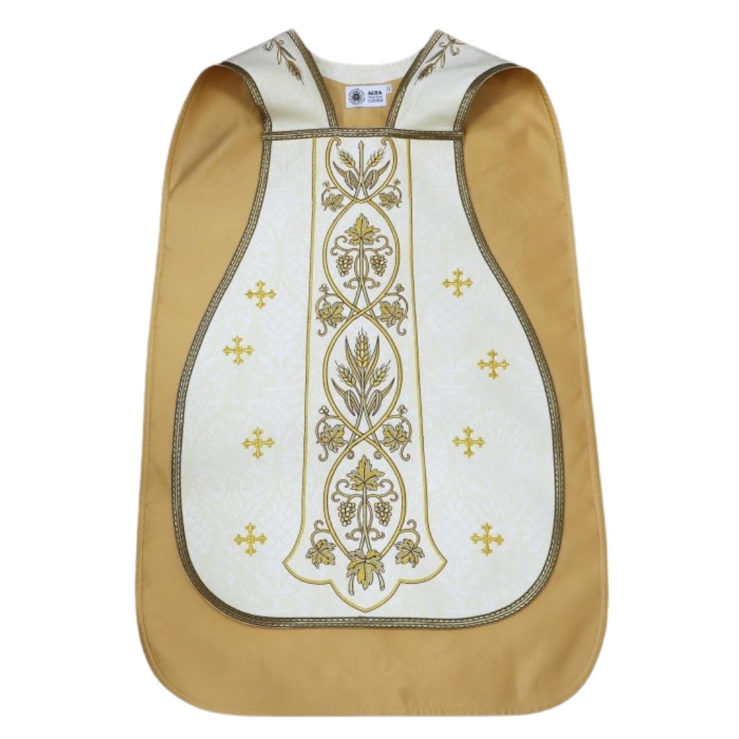 Roman chasuble or fiddleback embroidered with IHS,  Ears of Wheat, and Grapes on high quality damask material.