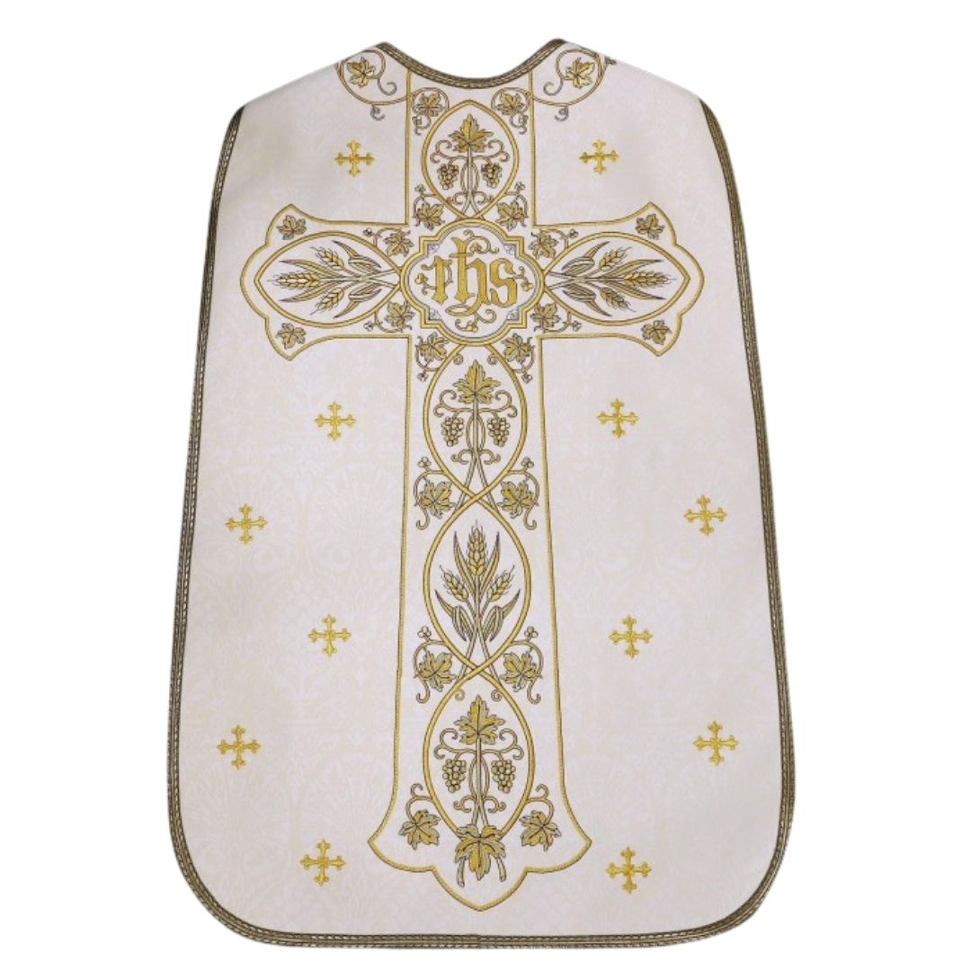 Roman chasuble or fiddleback embroidered with IHS,  Ears of Wheat, and Grapes on high quality damask material.
