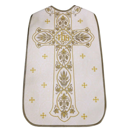 Roman chasuble or fiddleback embroidered with IHS,  Ears of Wheat, and Grapes on high quality damask material.