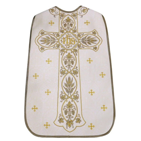 Roman chasuble or fiddleback embroidered with IHS,  Ears of Wheat, and Grapes on high quality damask material.