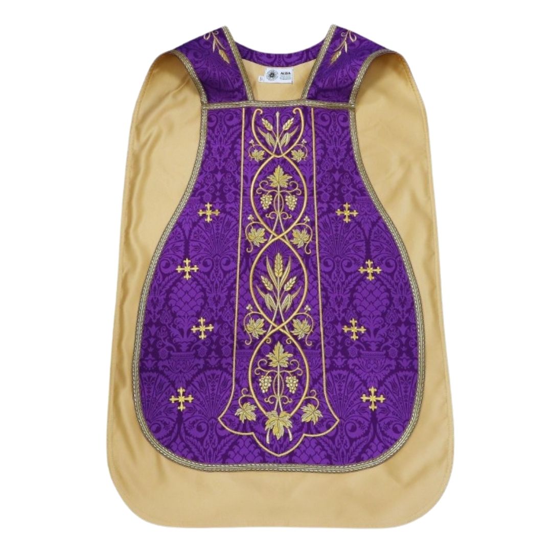 Roman chasuble or fiddleback embroidered with IHS,  Ears of Wheat, and Grapes on high quality damask material.