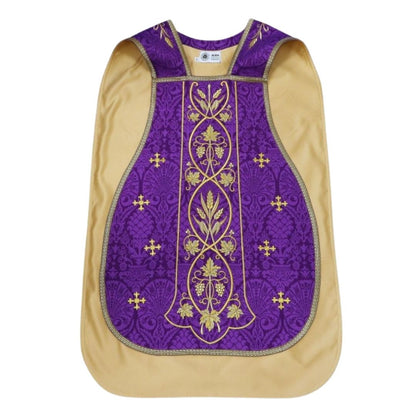 Roman chasuble or fiddleback embroidered with IHS,  Ears of Wheat, and Grapes on high quality damask material.
