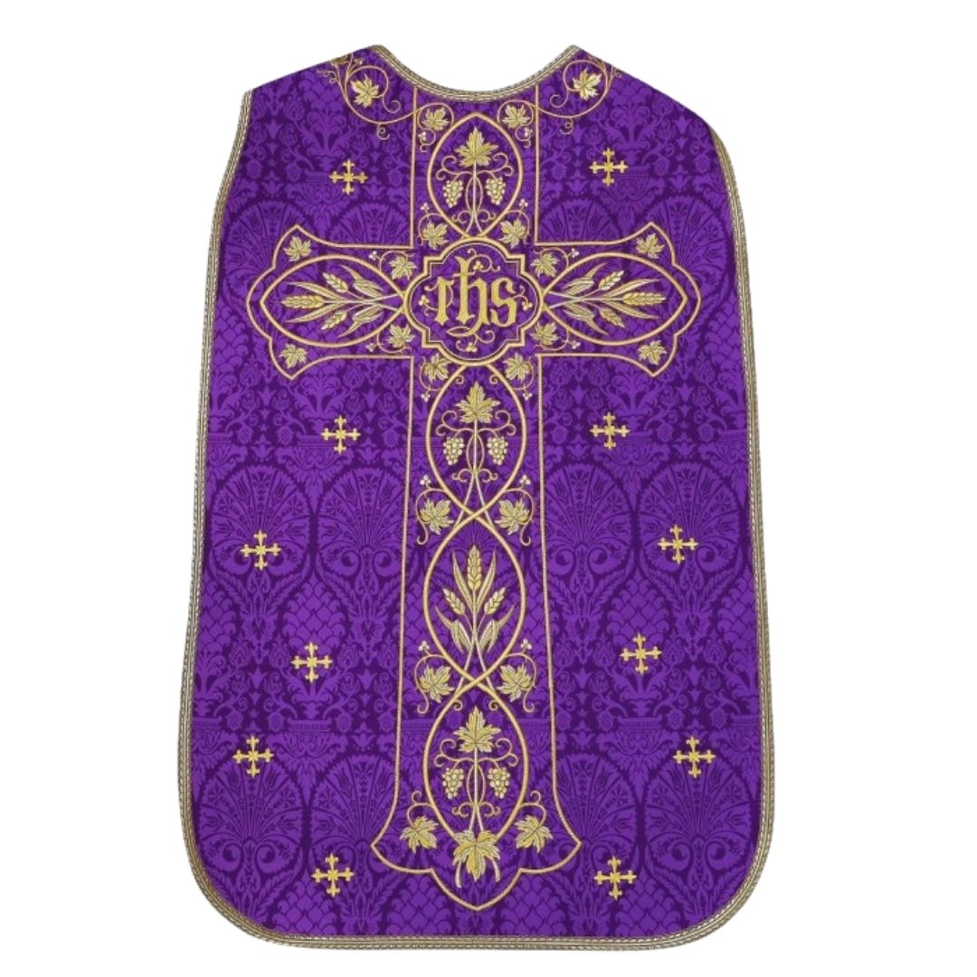 Roman chasuble or fiddleback embroidered with IHS,  Ears of Wheat, and Grapes on high quality damask material.