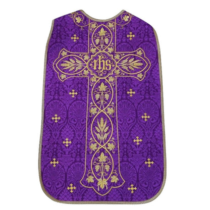 Roman chasuble or fiddleback embroidered with IHS,  Ears of Wheat, and Grapes on high quality damask material.