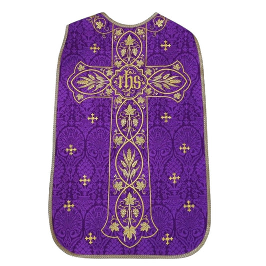 Roman chasuble or fiddleback embroidered with IHS,  Ears of Wheat, and Grapes on high quality damask material.