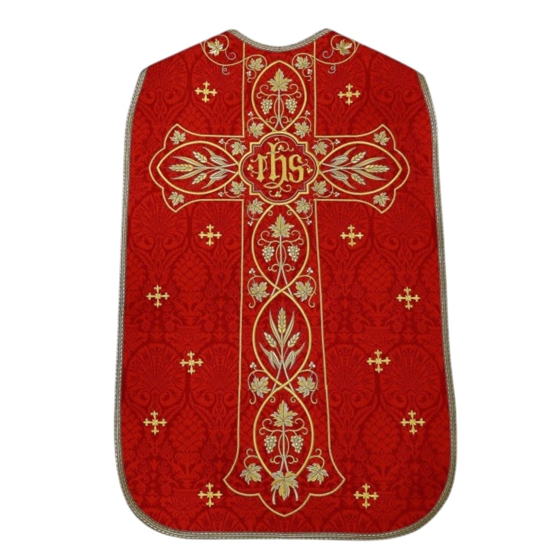 Roman chasuble or fiddleback embroidered with IHS,  Ears of Wheat, and Grapes on high quality damask material.