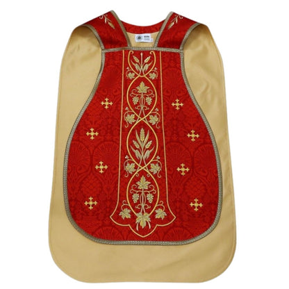 Roman chasuble or fiddleback embroidered with IHS,  Ears of Wheat, and Grapes on high quality damask material.