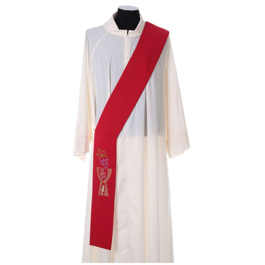 Deacon stole with chalice grapes hosts and fish design on red. Made in Italy and sold by The Clergy Store