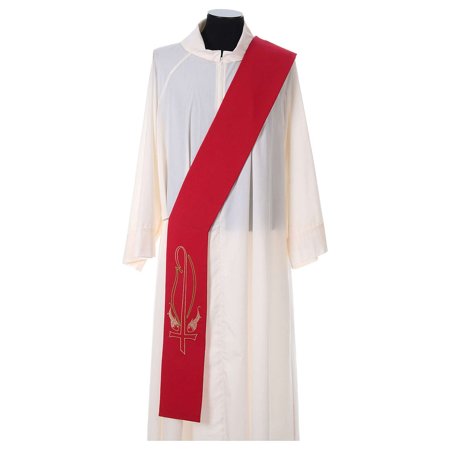 Deacon stole with cross and fish design on red Made in Italy and sold by The Clergy Store