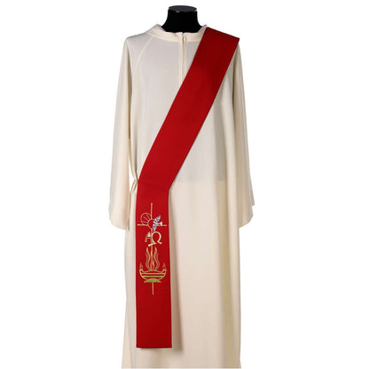 Deacon stole with Alpha & Omega design on red. Made in Italy and sold by The Clergy Store