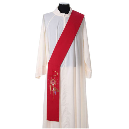 Deacon stole with chalice grapes hosts and ihs design on red. Made in Italy and sold by The Clergy Store