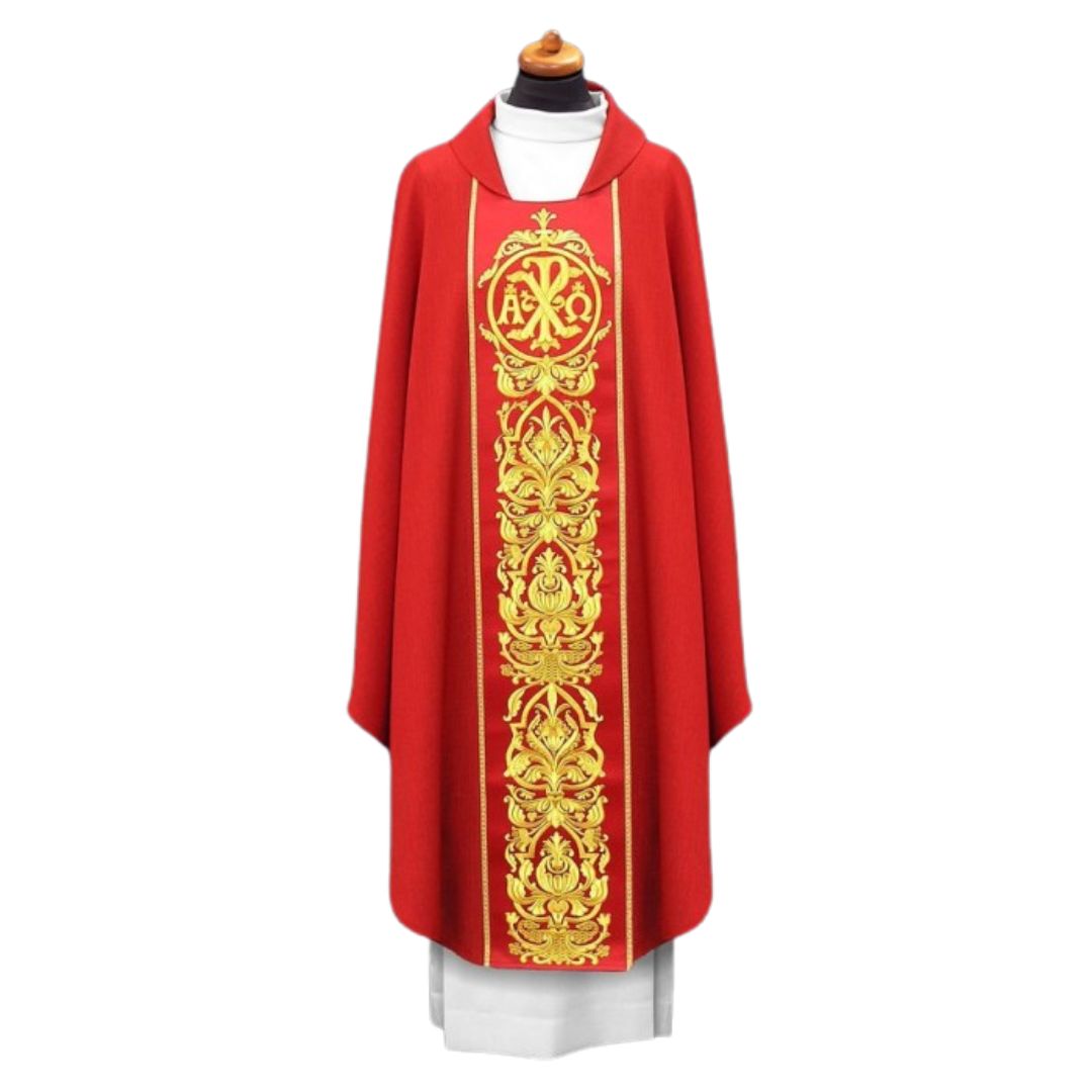 Chasuble with chi rho and alpha omega Made in Poland and sold by The Clergy Store