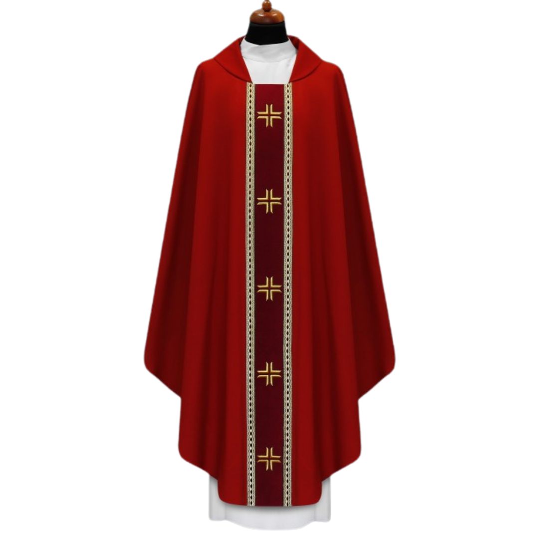 Chasuble with embroidered cross on velvet orphrey and trimmed in galloon. Made in Poland and sold by The Clergy Store