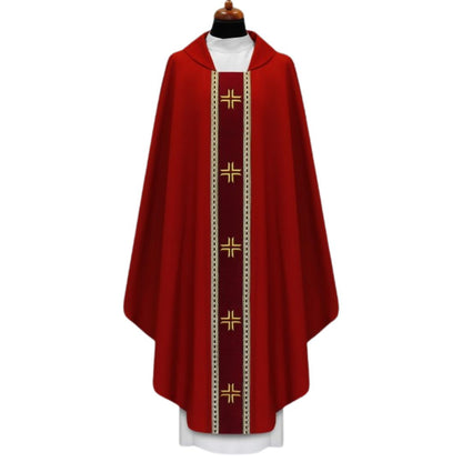 Chasuble with embroidered cross on velvet orphrey and trimmed in galloon. Made in Poland and sold by The Clergy Store