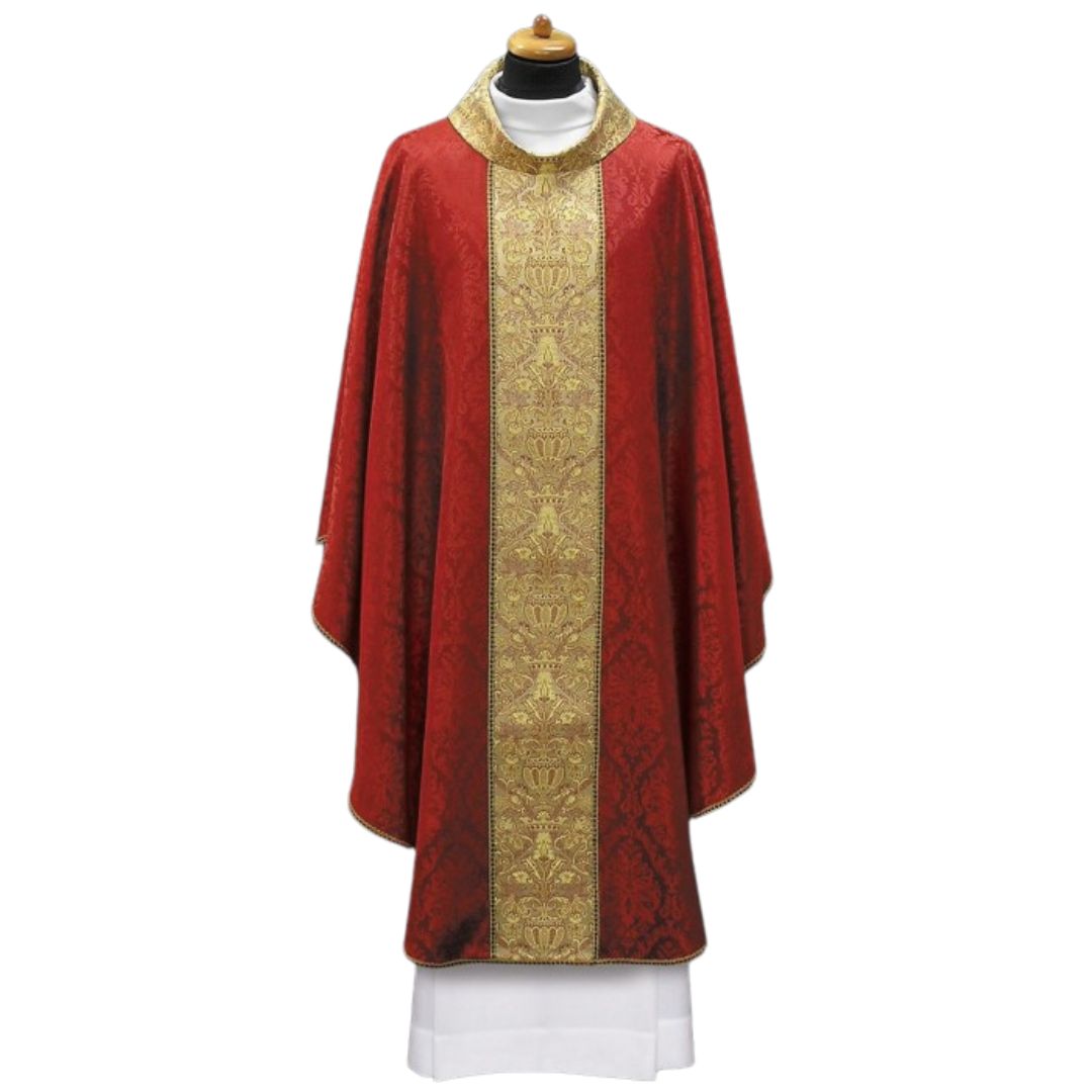 Chasuble with brocade orphrey on lightweight damask. Made in Poland and sold by The Clergy Store