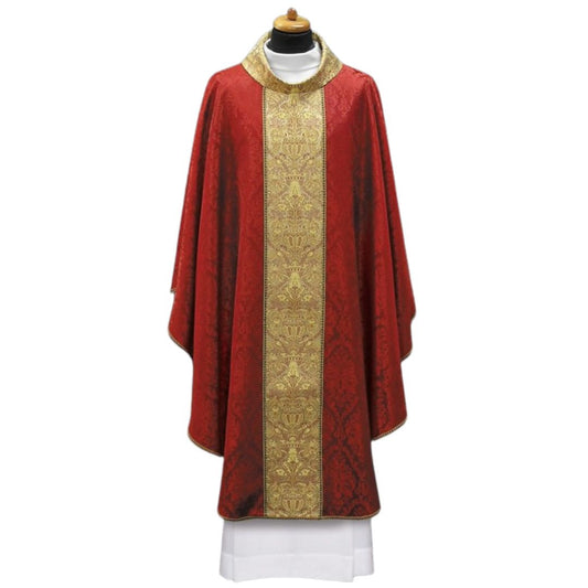 Chasuble with brocade orphrey on lightweight damask. Made in Poland and sold by The Clergy Store