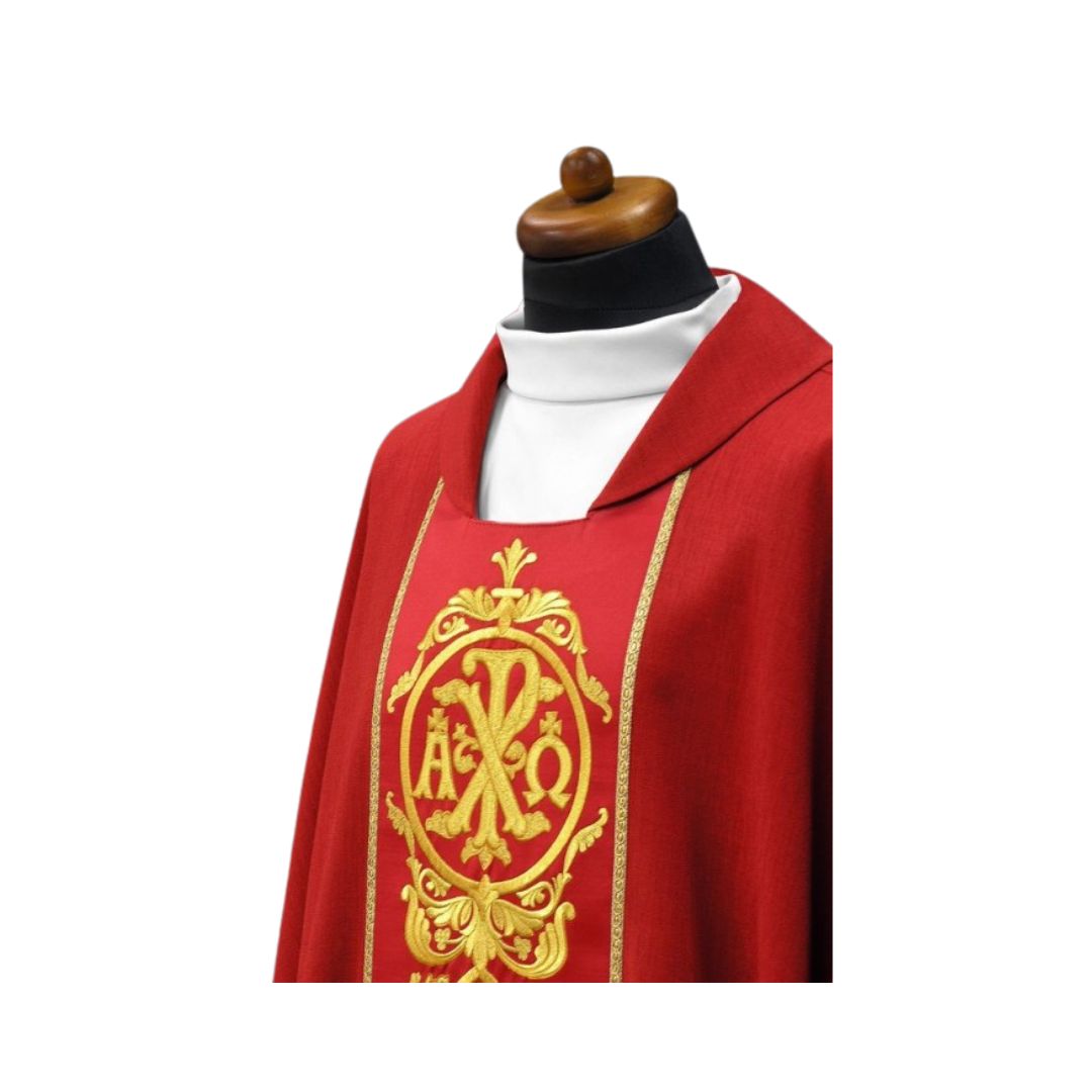 Chasuble with chi rho and alpha omega Made in Poland and sold by The Clergy Store