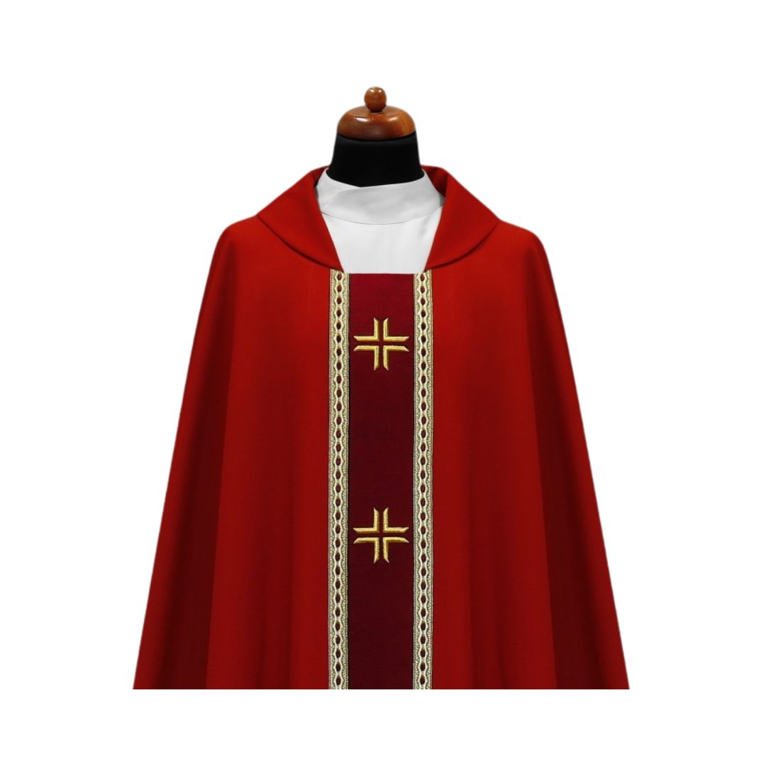 Chasuble with embroidered cross on velvet orphrey and trimmed in galloon. Made in Poland and sold by The Clergy Store