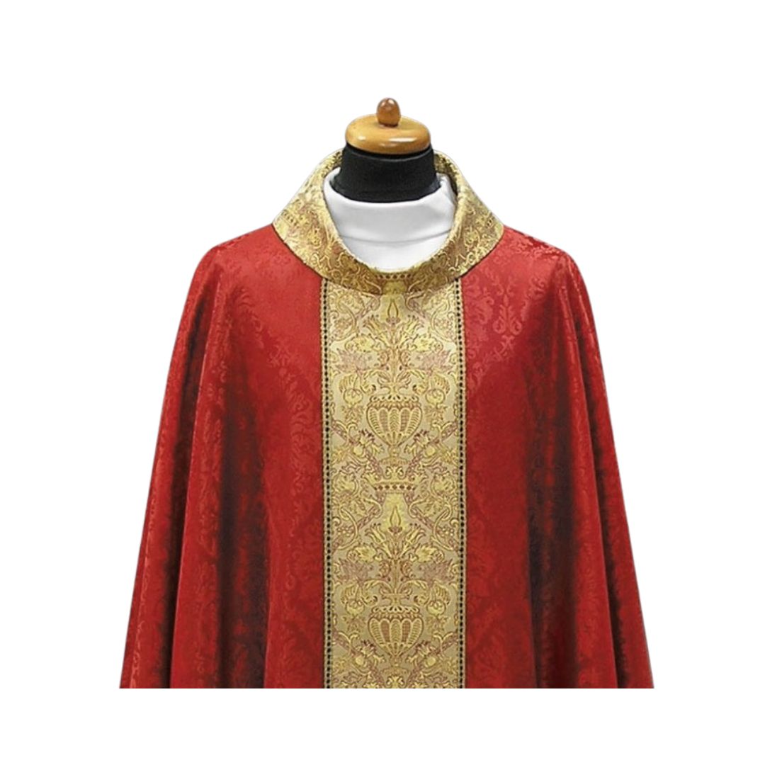 Chasuble with brocade orphrey on lightweight damask. Made in Poland and sold by The Clergy Store