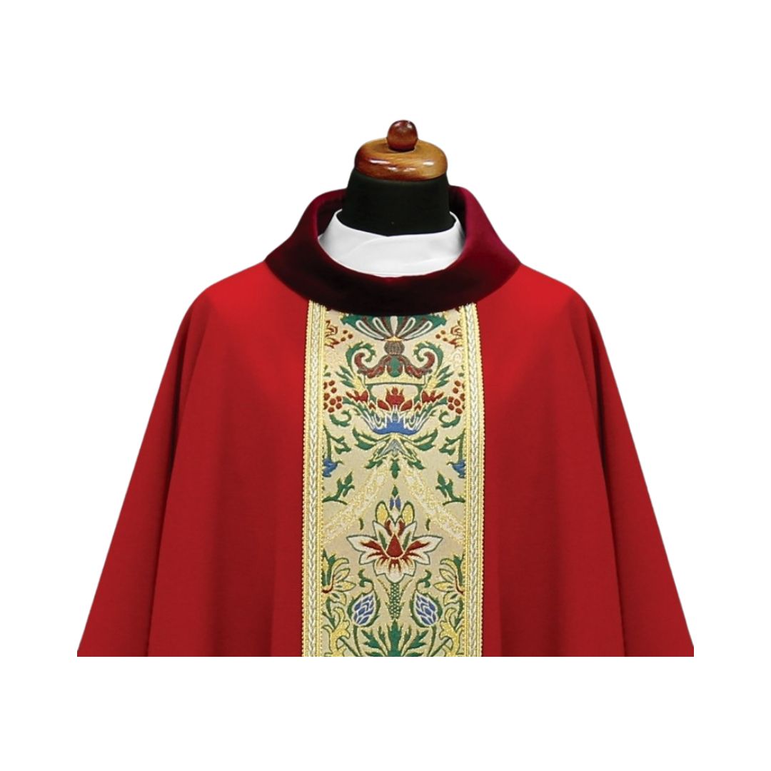 Chasuble with classic coronation orphrey. Made in Poland and sold by The Clergy Store