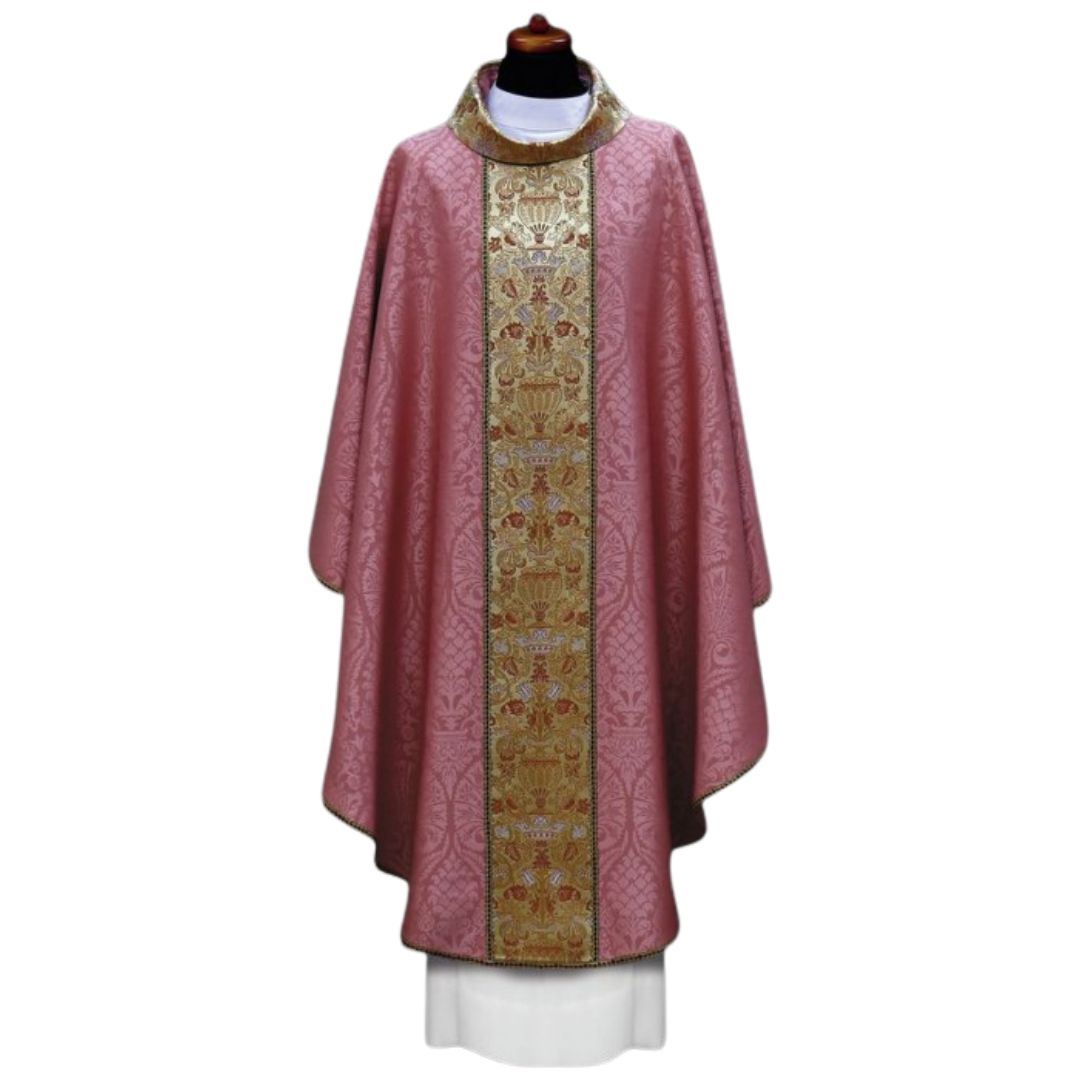 Chasuble with brocade orphrey on lightweight damask. Made in Poland and sold by The Clergy Store