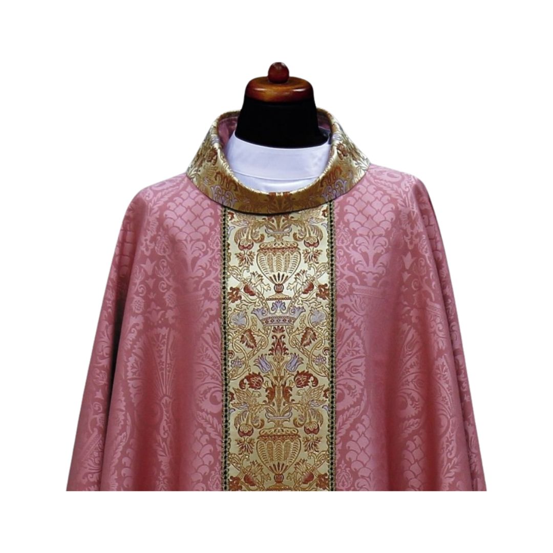 Chasuble with brocade orphrey on lightweight damask. Made in Poland and sold by The Clergy Store