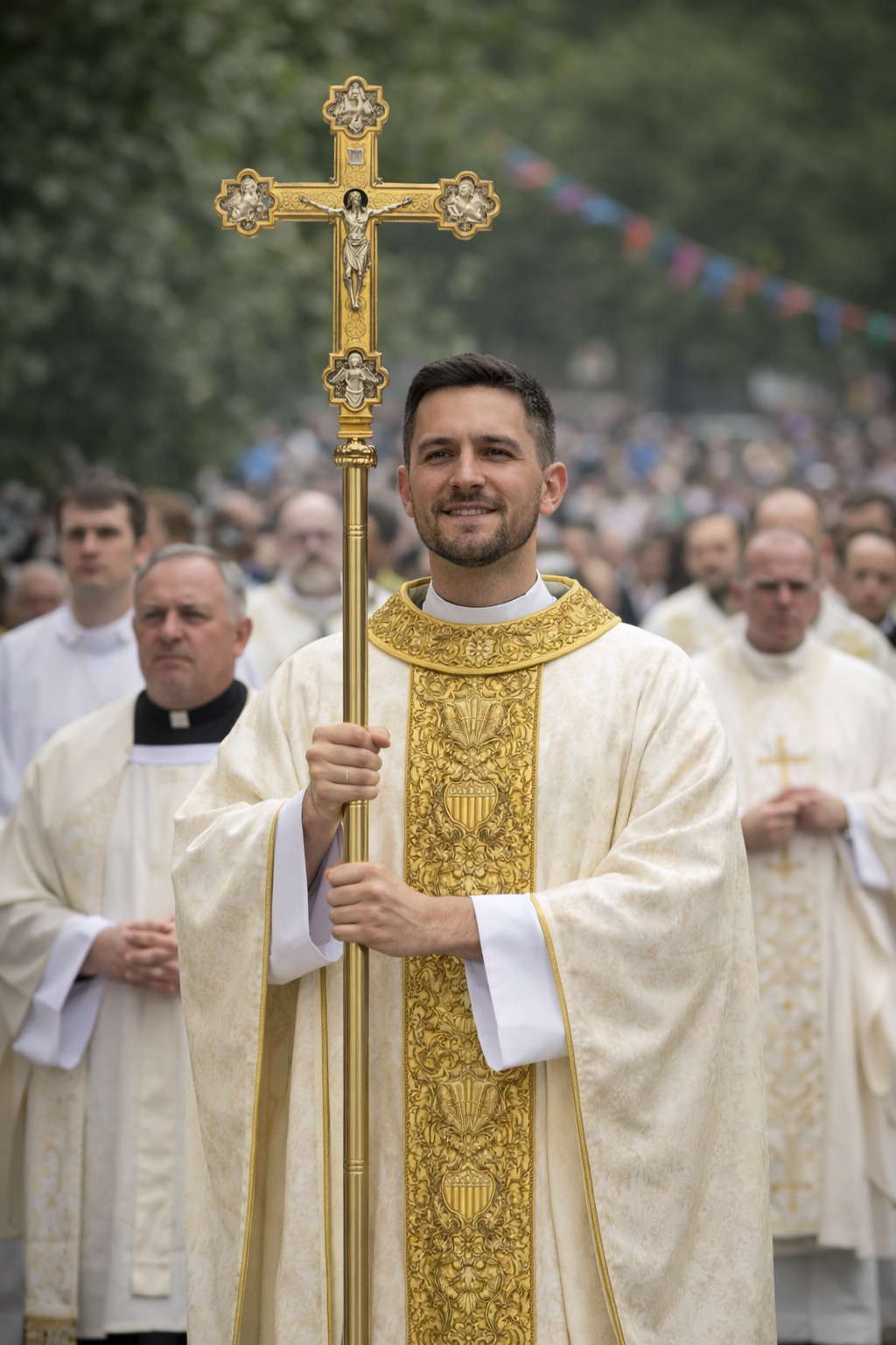 Gold processional cross with 4 evangelist.