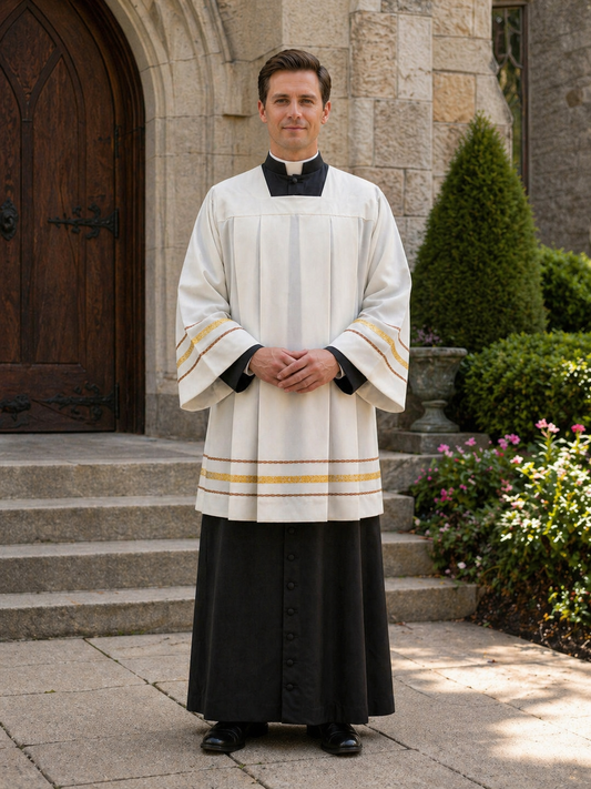 Clergy Surplice with gold thread hemstitch and front and back pleats. Made in Italy and sold by The Clergy Store