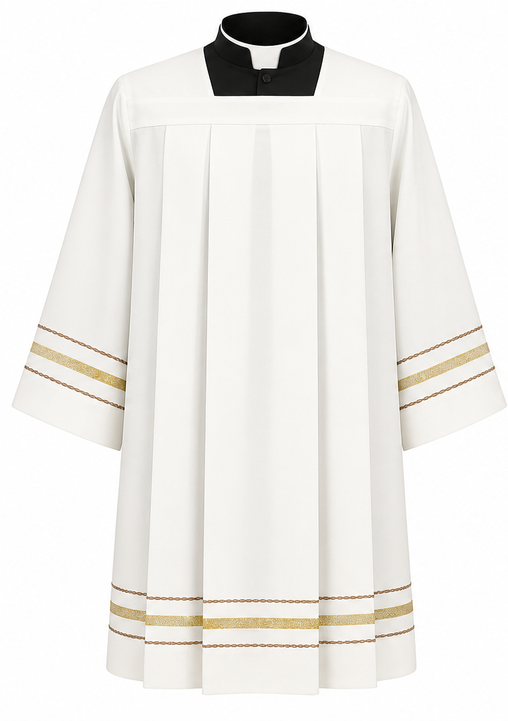 Clergy Surplice with gold thread hemstitch and front and back pleats. Made in Italy and sold by The Clergy Store