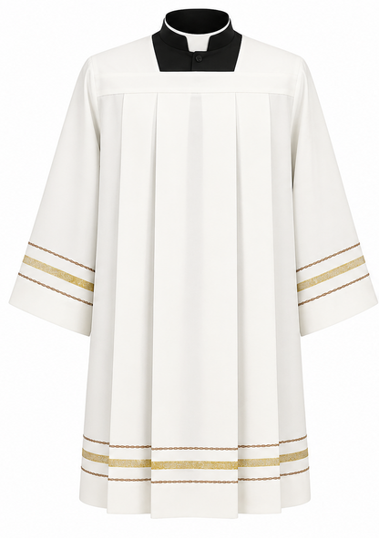 Clergy Surplice with gold thread hemstitch and front and back pleats. Made in Italy and sold by The Clergy Store