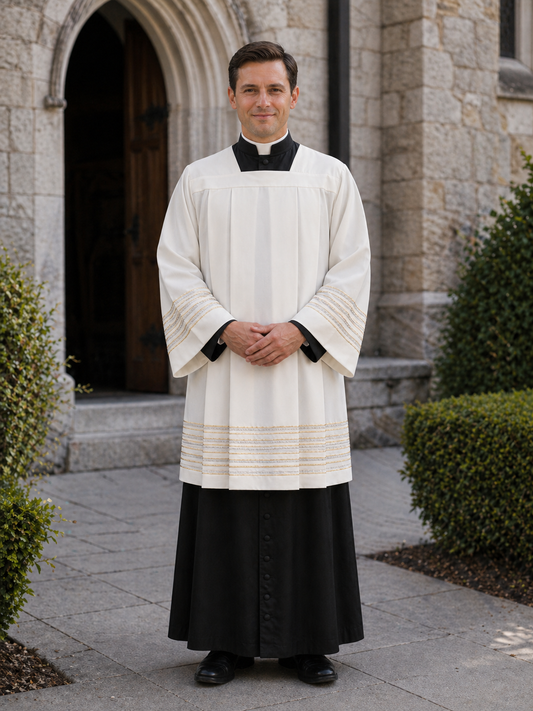 Clergy Surplice with gold thread hemstitch and front and back pleats. Made in Italy and sold by The Clergy Store