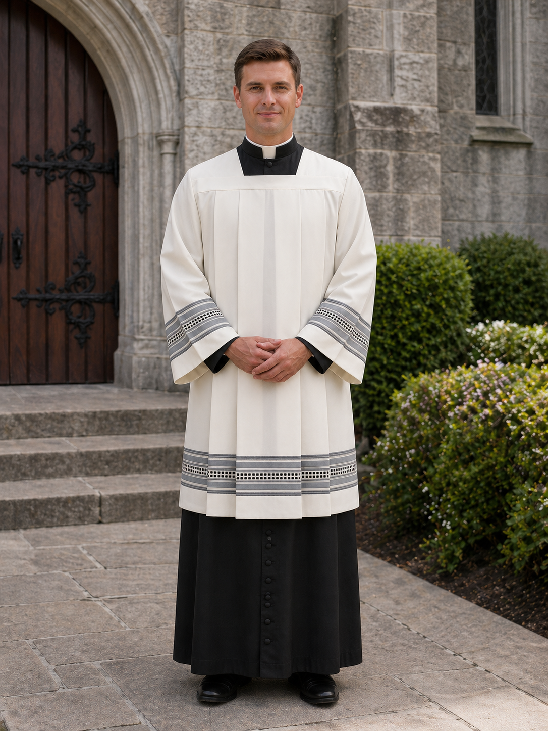 Clergy Surplice with gold thread hemstitch and front and back pleats. Made in Italy and sold by The Clergy Store