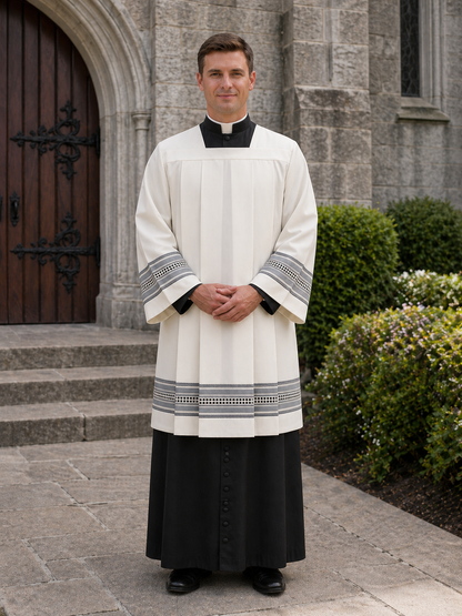 Clergy Surplice with gold thread hemstitch and front and back pleats. Made in Italy and sold by The Clergy Store
