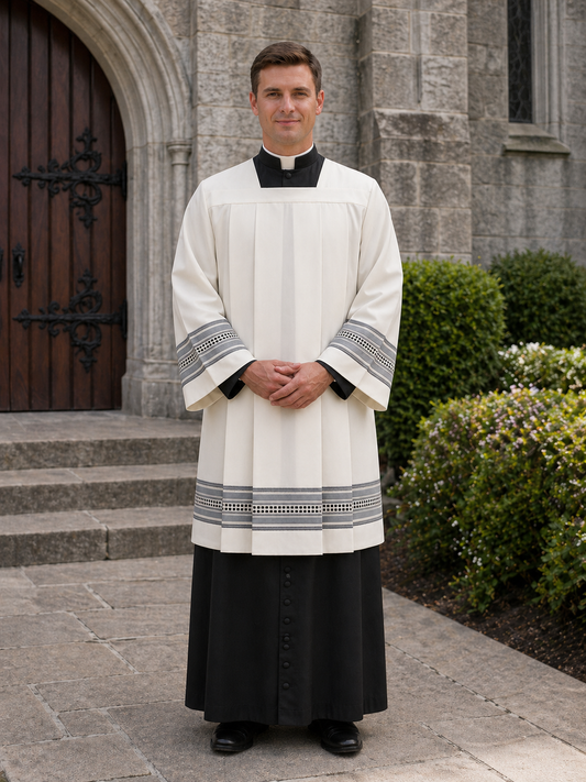 Clergy Surplice with gold thread hemstitch and front and back pleats. Made in Italy and sold by The Clergy Store