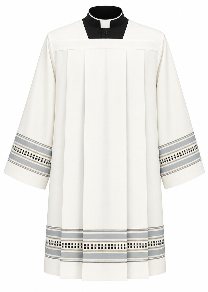 Clergy Surplice with gold thread hemstitch and front and back pleats. Made in Italy and sold by The Clergy Store