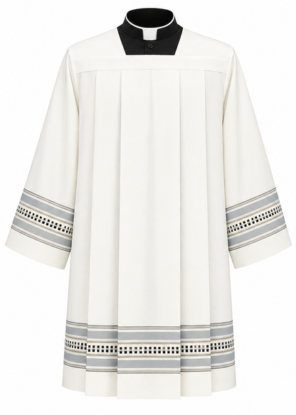Clergy Surplice with gold thread hemstitch and front and back pleats. Made in Italy and sold by The Clergy Store